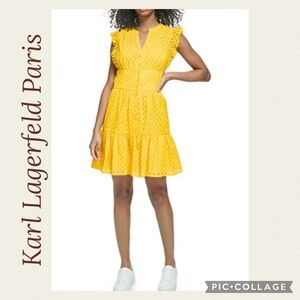 Karl Lagerfeld Bright Yellow Eyelet Flutter-Sleeve Mini Dress